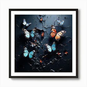 Butterflies On Cracked Wall, Blue Butterflies In A Brick Wall, Butterflies Emerging From A Cracked Dark Wall Representing Transformation And Hope Art Print