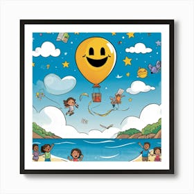 Cartoon Illustration Of A Hand Drawn Balloon Adorned With A Happy Face Floating Over A Bustling Beac (6) Art Print