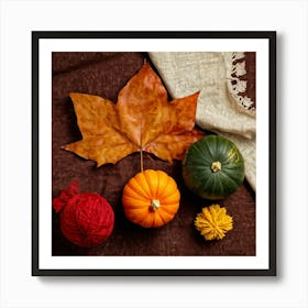 Autumnal Still Life Digital Painting Featuring Maple Leaf And Squash Placed Against Fabric Simulatin (1) Art Print