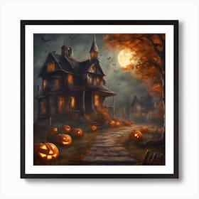 Halloween House With Pumpkins Art Print