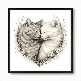 Delicate Ink Drawing of Cats Love Heart 10 Art Print