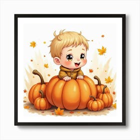 Baby Sitting In A Watercolor Pumpkin Patch With Fall Leaves Around Art Print