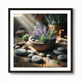 Lavender And Stones On A Wooden Table Art Print