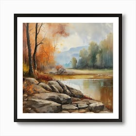 Autumn Lake,Forest Lake, Vintage Oil Painting, Farmhouse Wall Decorations, Antique Landscape, Vintage Landscape Oil Painting.4 5 Art Print