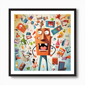 Cartoon Man In The Middle Of Chaos Art Print