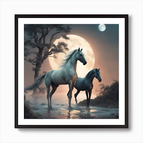 Two Horses In The Moonlight Art Print