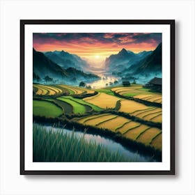 Beautiful views of rice fields, close to the river and surrounded by mountains, 18 Art Print