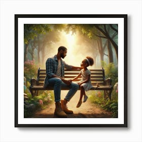 Dad with daughter in park bench Art Print