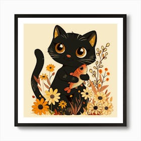 Black Cat With Fish Art Print