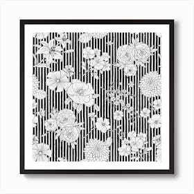 Flowers And Stripes Black White Square Art Print