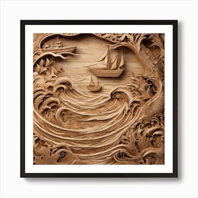 21038 Wooden Sculpture Of A Seascape, With Waves, Boats, Xl 1024 V1 0 Art Print