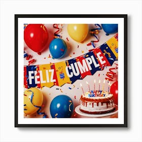 Feliz cumple and Feliz cumpleaños sign means Happy Birthday in Spanish language, Birthday party celebration gift with birthday cake candle colorful balloons best congratulation over light backgroundFiesta Cumple Art Print