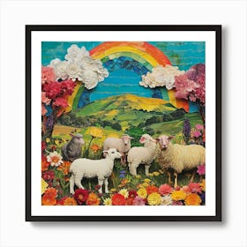 Rainbow Retro Sheep Collage 2 Art Print