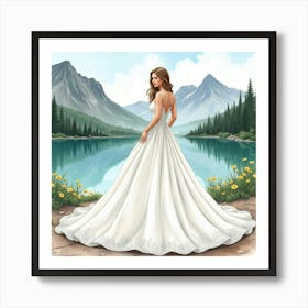 Beautiful Gown Watercolor, With A Serene Mountain Lake View 1 Art Print