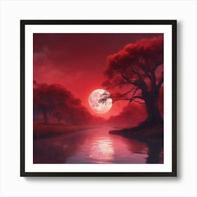 0 The Red Moon At Twilight Under Large Trees On A Ri Esrgan V1 X2plus (1) Art Print