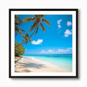 A Sunny Beach In A Tropical Paradise Palm Trees Bending Slightly Above The Turquoise Waters Edge (2) Art Print