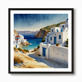 Village Of Santorini.Summer on a Greek island. Sea. Sand beach. White houses. Blue roofs. The beauty of the place. Watercolor. Art Print
