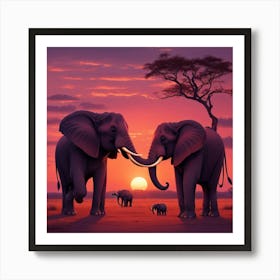 Sunset Elephants Art Print