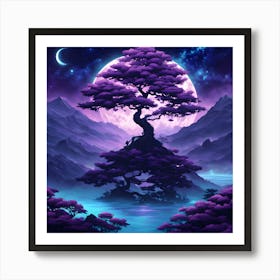 Moonlit Landscape: Tranquil Tree and Mountain Scene Art Print