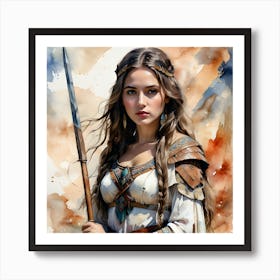 Portrait Of A Young Girl In Traditional Costume Holding A Spear Art Print