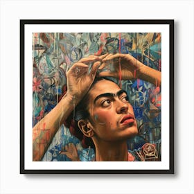 Battling Mental Health. Frida Kahlo Style Self Portrait. 2 Art Print