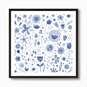 Blue and White Watercolor Flowers Art Print