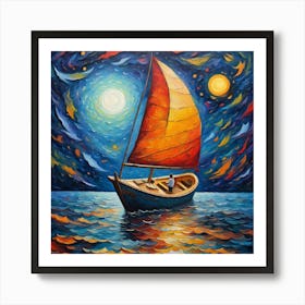 Starry Night Sail - Celestial Seascape Canvas Print | Nautical Wall Art with Vibrant Sunset Colors Art Print