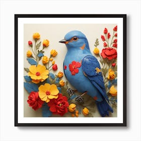 Blue Bird With Flowers Art Print