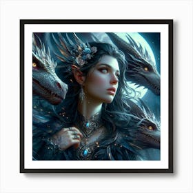 Elven Girl With Dragons Art Print