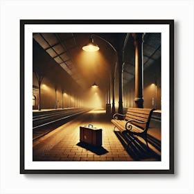 Lonely Train Station at Night Wall Art: A Cinematic Scene of Departure and Longing for Emotional Home Decor Print Art Art Print