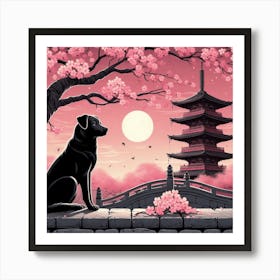 Japanese dog In Cherry Blossom Art Print