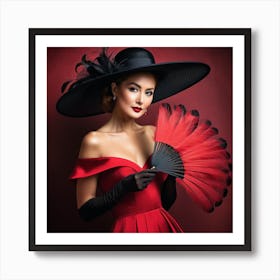 Beautiful Woman In Red Dress With Fan 3 Art Print