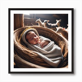 Beautiful baby in a barn with animals  Art Print