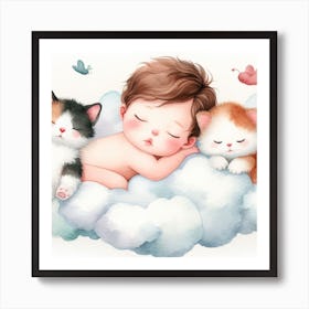 Baby Sleeping On Clouds With Kittens Art Print