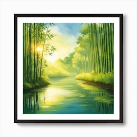 A Stream In A Bamboo Forest At Sun Rise Square Composition 177 Art Print