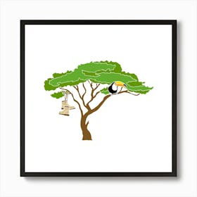 Toucan In Tree With Walking Boots, Fun Safari Animal Print, Square Art Print