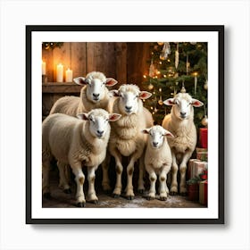 Sheep Huddled Together Like A Family During A Festive Christmas Meeting Radiant With The Warm Glow Art Print