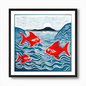 Linocut Red Fish In The Sea Art Print