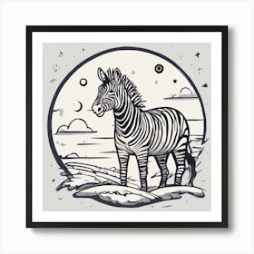 Sticker Art Design, Zebra Howling To A Full Moon, Kawaii Illustration, White Background, Flat Colors (1) 1 Art Print