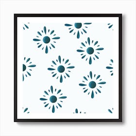 Dark Blue Suns On Light Blue Pattern Square Art Print