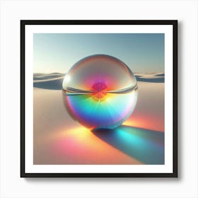 A Single Reflected Rainbow Neon Color Crystal Spheres In The Distance, Wide, Open Desert With White Sand, Minimal, 3d Abstract, Bright Studio Light Art Print