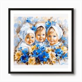 Three Little Girls With Blue Flowers Art Print