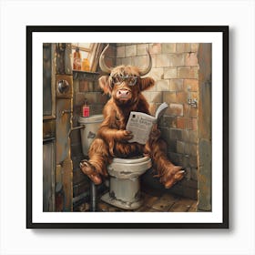 Highland Cow Reading Newspaper Art Print