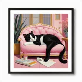 Default Cat Nap Tuxedo Cat Napping In Pink Interior Art 3 Art Print