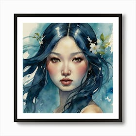 Asian Girl With Blue Hair The Magic of Watercolor: A Deep Dive into Undine, the Stunningly Beautiful Asian Goddess Art Print