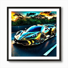 Golden Sports Car At Sunset Art Print