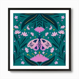 Folk Art Moth Pink and Teal Art Print