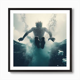 Man Jumping Into The Water - Into the Water: A diver plunging into the ocean, with the water splashing all around them. The scene is captured from the diver's point of view, giving the viewer a sense of exhilaration and adventure. Art Print