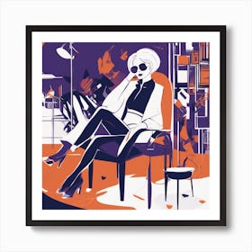 Drew Illustration Of Woman On Chair In Bright Colors, Vector Ilustracije, In The Style Of Dark Navy (1) Art Print