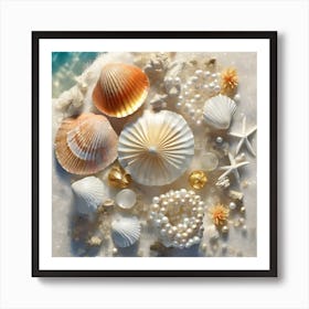 Firefly A Beautiful Feminine Flatlay Of Exotic Seashells, Corals, And Pearls On White Sands And Ocea (1) Art Print